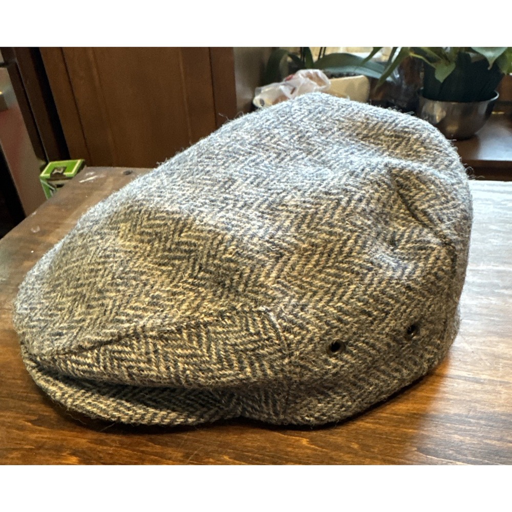 Harris Tweed Wool Herringbone Newsboy Cap Men's Large Blue Hand Woven Scotland